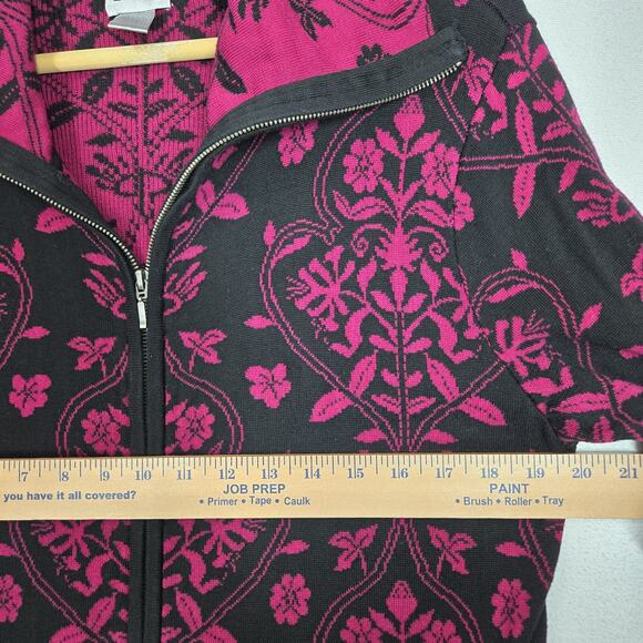 Chico's Silk Blend Cardigan Jacket sz 2 - L Black Magenta Pink Zip Front Pockets - Picture 10 of 13